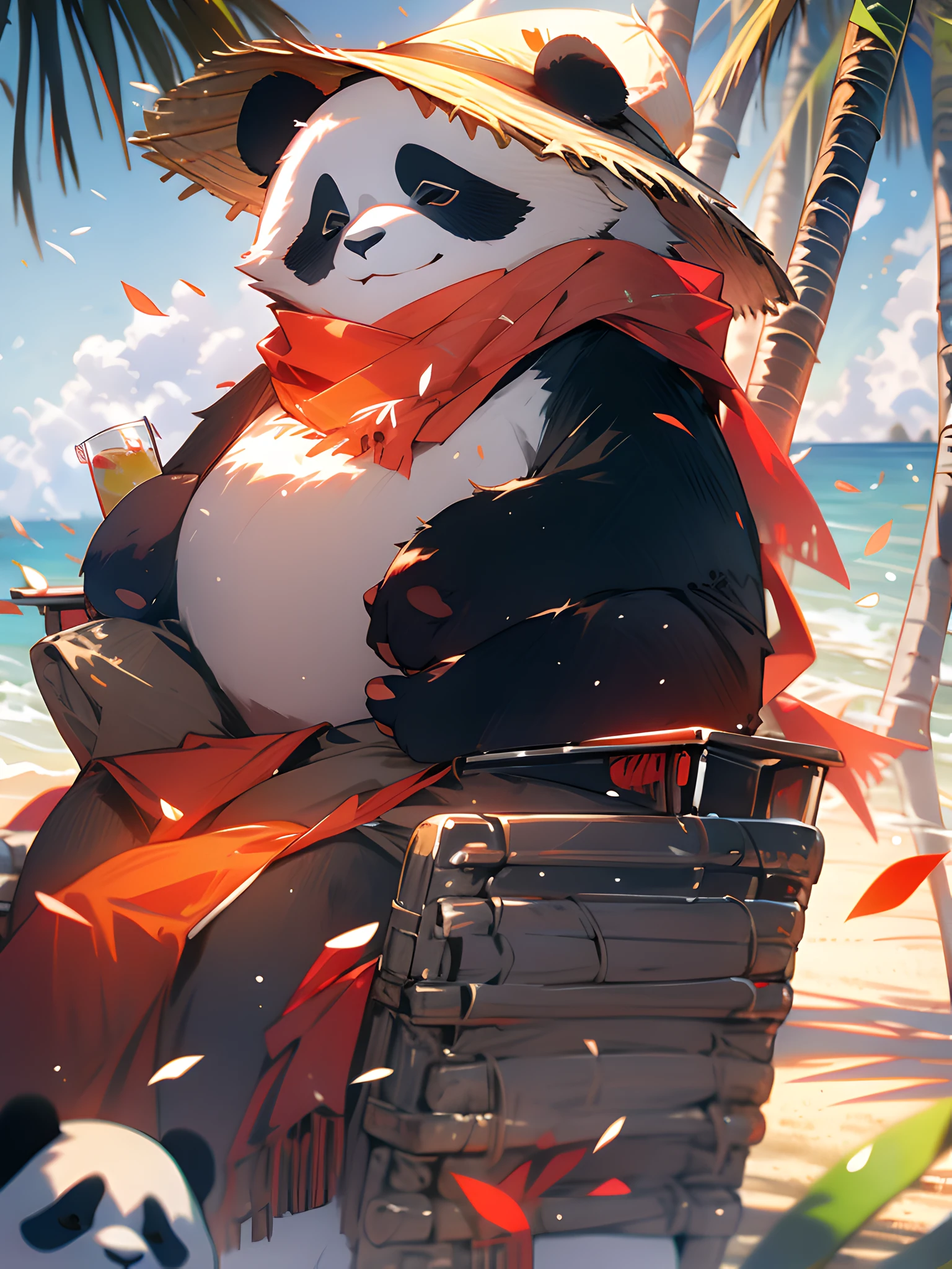 1 joli panda,En plein air,seulement,sur la plage,Gros plan du visage,Peinture de portraits,Prends la boisson,a,velu,feuille,debout,écharpe rouge,pas d&#39;humains,foulard,cocotier,MG Xiongmao,les pétales tombent,Allongez-vous sur la chaise,Ciel,nuage,Mouette,.