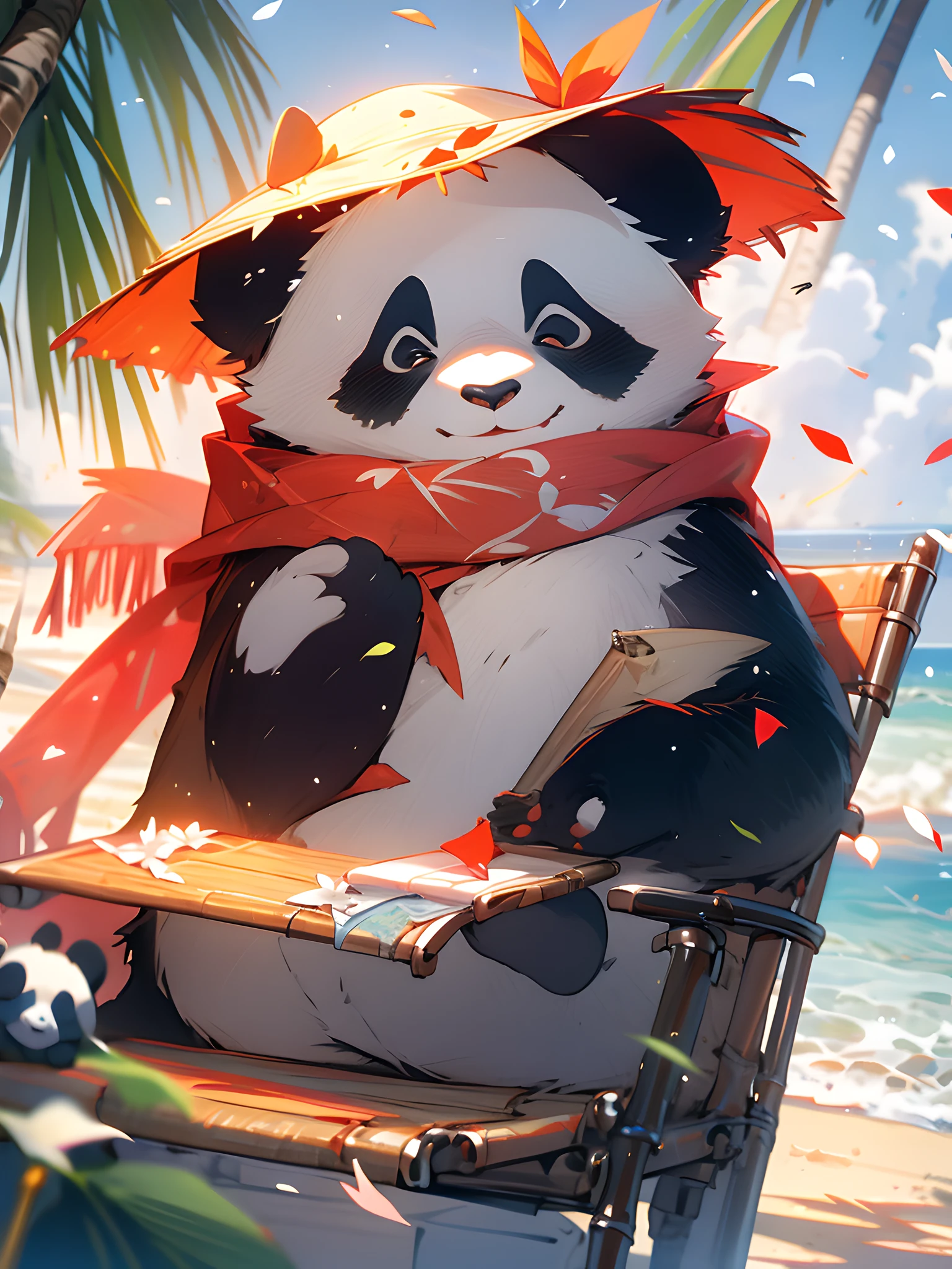 1 joli panda,En plein air,seulement,sur la plage,Gros plan du visage,Peinture de portraits,Prends la boisson,a,velu,feuille,debout,écharpe rouge,pas d&#39;humains,foulard,cocotier,MG Xiongmao,les pétales tombent,Allongez-vous sur la chaise,Ciel,nuage,Mouette,.