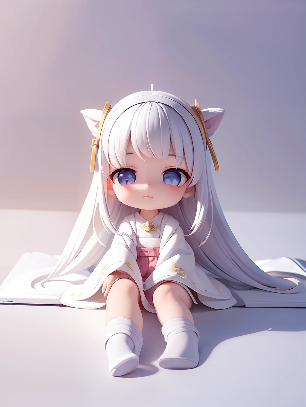 PopMart Blind Box IP, a close-up of a cute, white robe doll, young wanangel style, wearing long and fluent clothes, wlop style, pocelain doll, little people; Unreal Engine 5, Lite 3D/C4D production: 8K HD quality/lighting/ultra-detailed lens depiction 1.5, flawless, chibi background/cinematic.