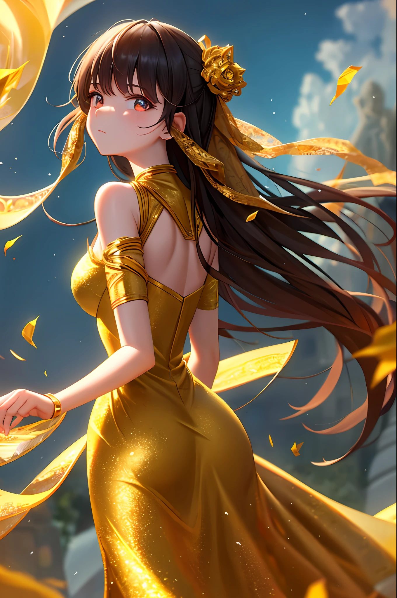 (8k, best quality, masterpiece:1.2), ultra-detailed, 1girl, public, expressionless, gold dress, npmaybe, delicate gown, looking back, upper body, backcrack