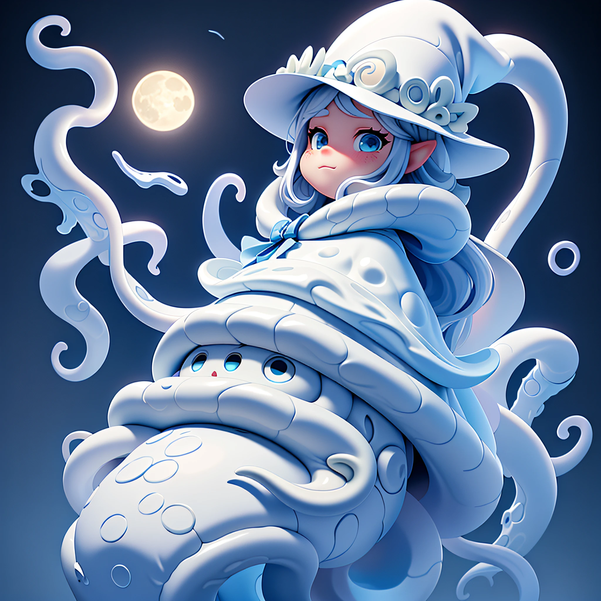 cephalopod, (cephalopod),white tentacles, vivid blue tentacles, goddess of moon and hunt, blue and white armor, very disturbing white hat, huge silver bow held in tentacles, black cape, under the moon and stars, masterpiece, Best Quality