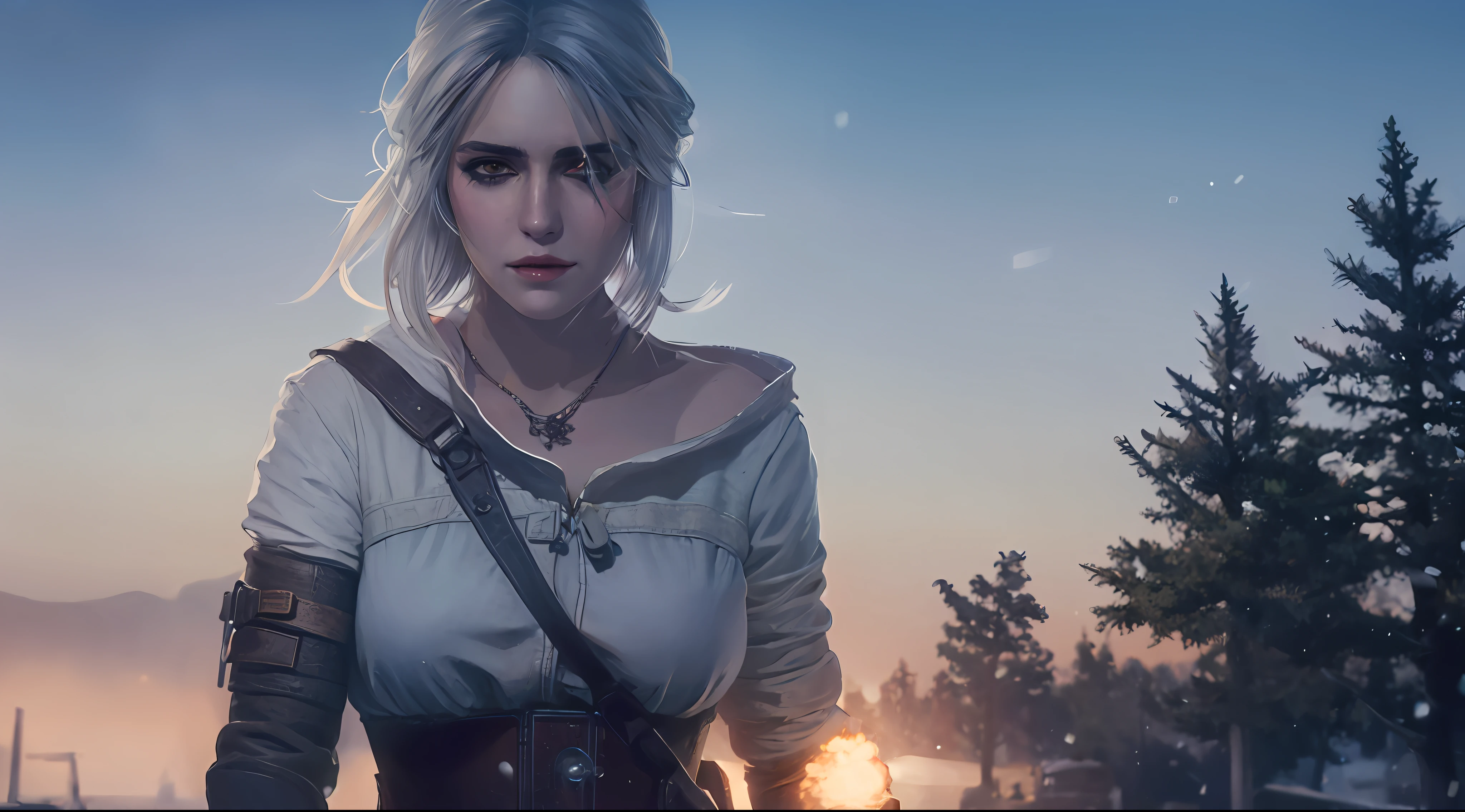 Realism, a woman in a sweater standing on a snowfield, CIRI, Guvez style artwork, Siri from the Wizard, The Sorcerer)), Artgerm and Atey Ghailan, 4K detailed digital art, Best Art Station for Fan Art, epic portrait illustration, stunning character art, winter concept art, Alena Aenami and Artgerm, super clear big picture, super high quality