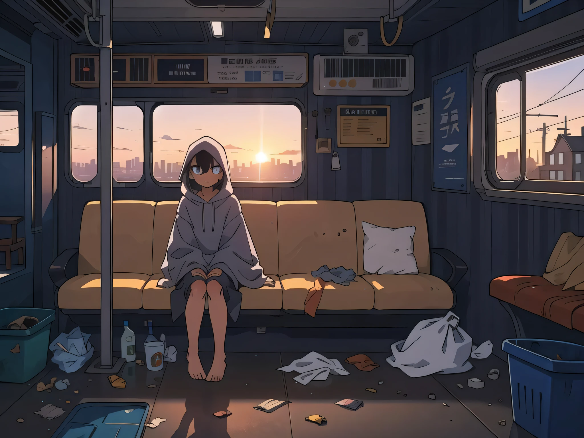 a teenage girl in a very baggy tan poncho, hood over her face,  dirty bare feet, inside of a train car, dirty , grimy, trash on the floor,  city background, sunset
(best-quality:0.8), (best-quality:0.8), perfect anime illustration, dark obscured face, glowing eyes