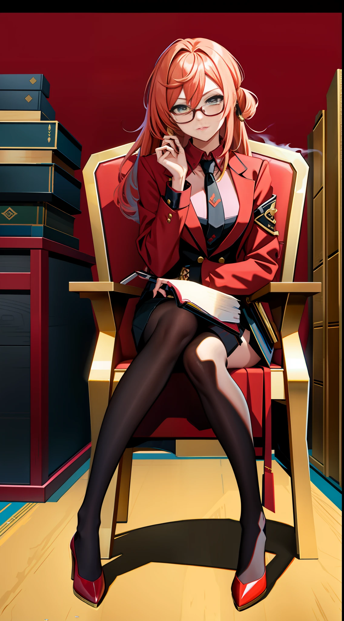 Masterpiece, Best quality, rich details , video game Genshin Shock, Genshin Impact style, 1 girl, (Seduction), (adult female), 30 years old, smoky crimson, lawyer, red shirt, black suit, yellow tie, bag skirt, gold wire-rimmed glasses, (black stockings), red high heels, sitting on chair, book, holding, full body, in the office, (((complex background))))