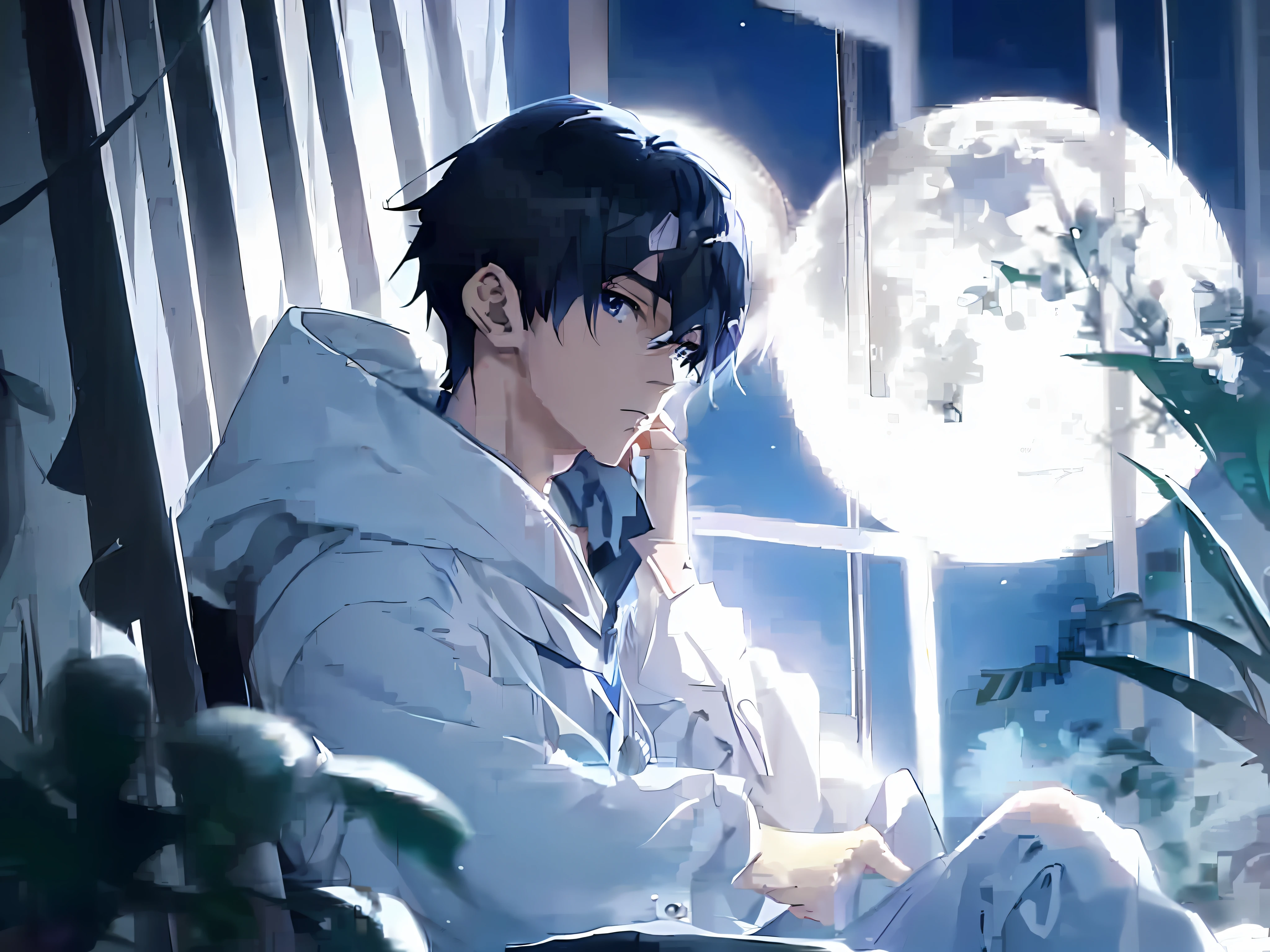 anime boy sitting on a chair looking out a window at the moon, handsome anime pose, anime handsome man, inspired by Bian Shoumin, moon behind him, guweiz, male anime style, 8k!, high quality anime artstyle, shuushuu anime image, anime wallaper, young anime man, handsome guy in demon slayer art, male anime character