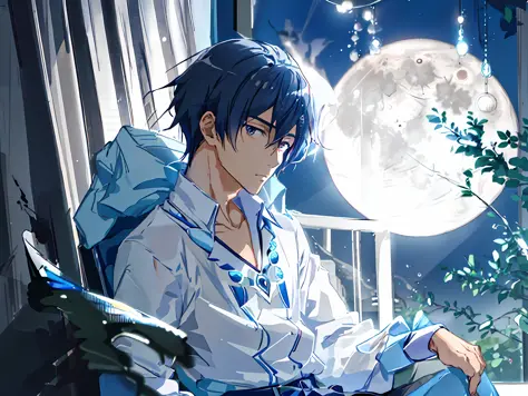 anime boy sitting on a chair looking out a window at the moon, handsome anime pose, anime handsome man, inspired by Bian Shoumin...