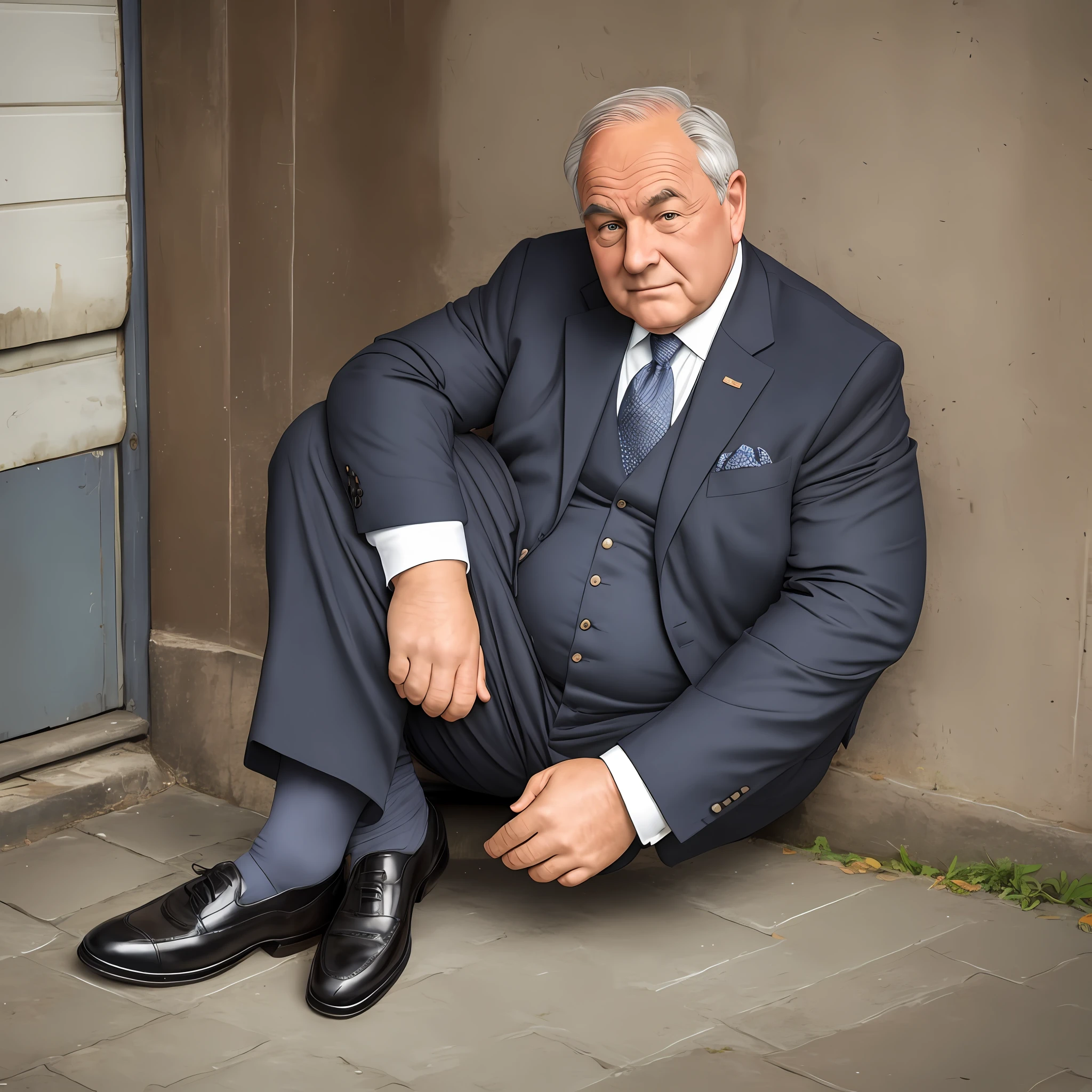 Arafed man in a suit sitting on the ground with his feet on his knees -  SeaArt AI