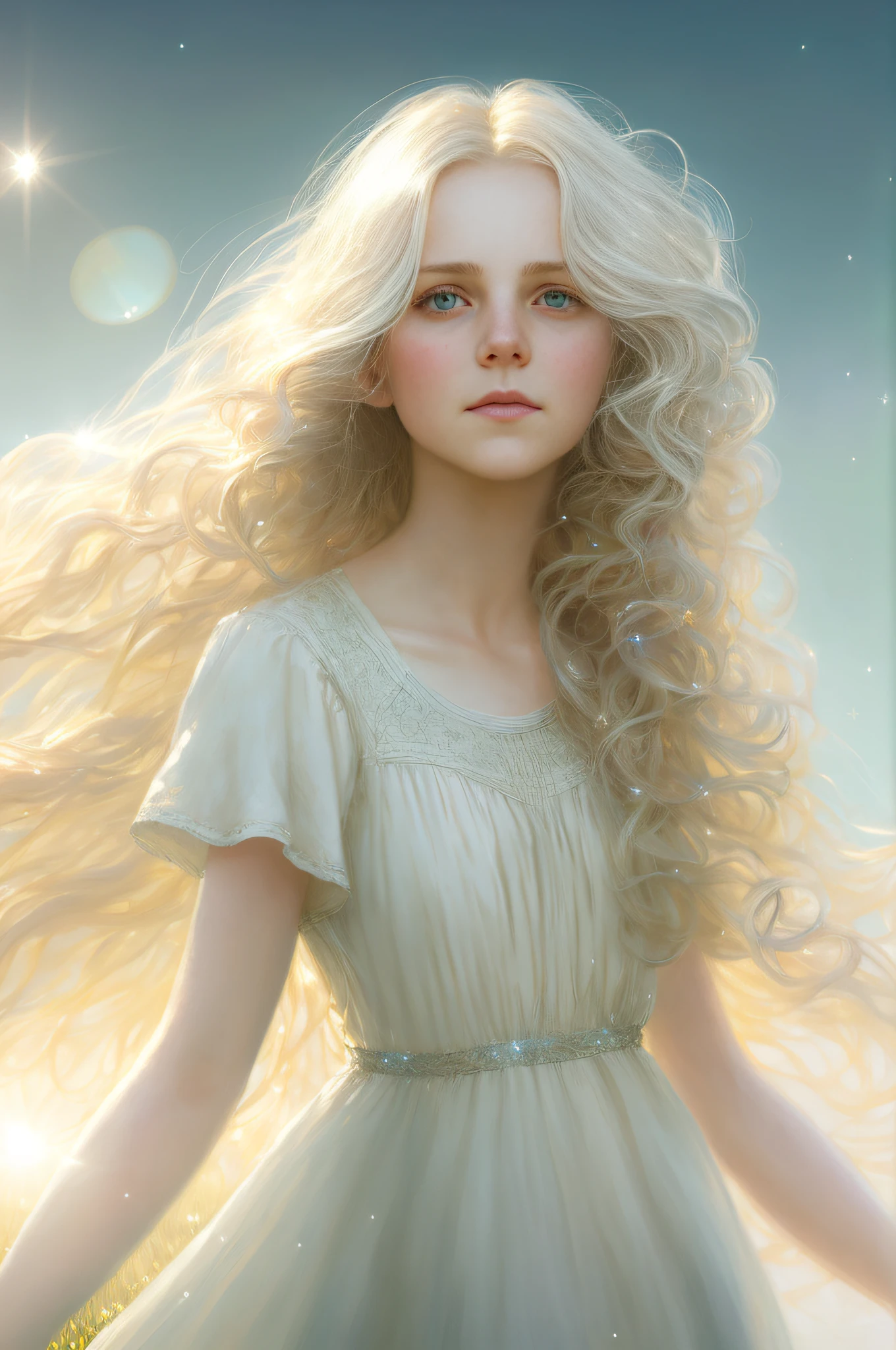 closeup portrait of a cute blonde and silver long curly hair woman in a bright windy field, (backlighting), realistic, masterpiece, highest quality, ((embarrassed)),  pure white dress, puddle, lens flare, shade, bloom, ((light sparkles)), [chromatic aberration], by Jeremy Lipking, by Antonio J. Manzanedo, by (Alphonse Mucha), digital painting