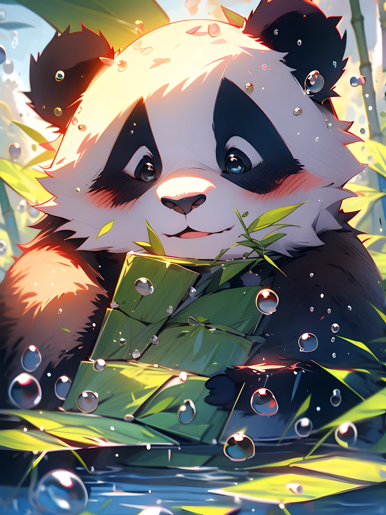 1 joli panda, gros plan du visage, portrait, velu, feuilles, Personne, eau, ampoules, bulles, plus de détails, couleurs riches, Sourire mignon, Meilleure qualité, 8k, saturation élevée