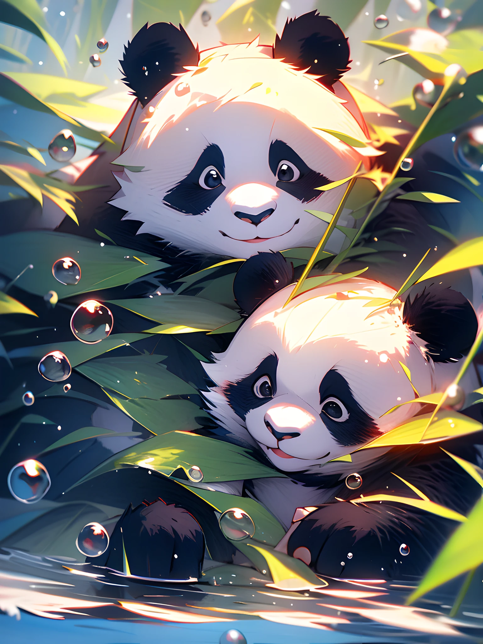 1 lindo panda, primer plano de la cara, Retrato, peludo, hojas, no man, agua, ampollas, burbujas, más detalles, Colores ricos, linda sonrisa, mejor calidad, 8K, alta saturación