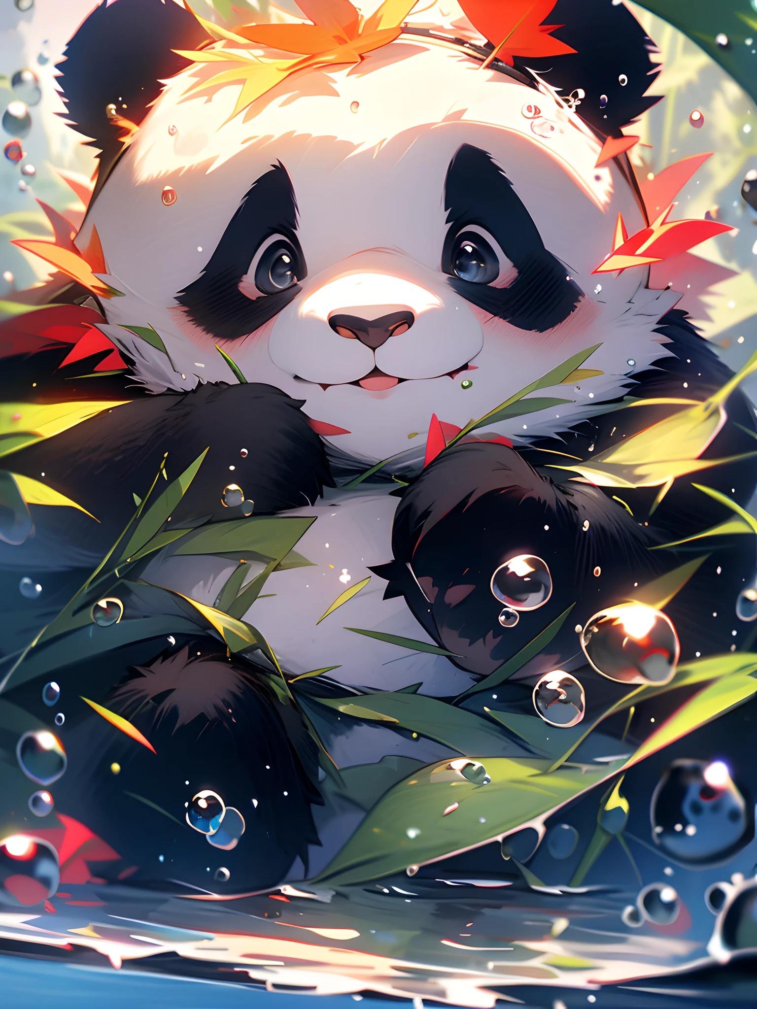 1 joli panda, gros plan du visage, portrait, velu, feuilles, Personne, eau, ampoules, bulles, plus de détails, couleurs riches, Sourire mignon, Meilleure qualité, 8k, saturation élevée