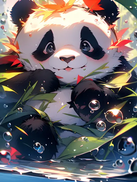 1 cute panda, face closeup, portrait, furry, leaves, no man, water, blisters, bubbles, more details, rich colors, cute smile, be...