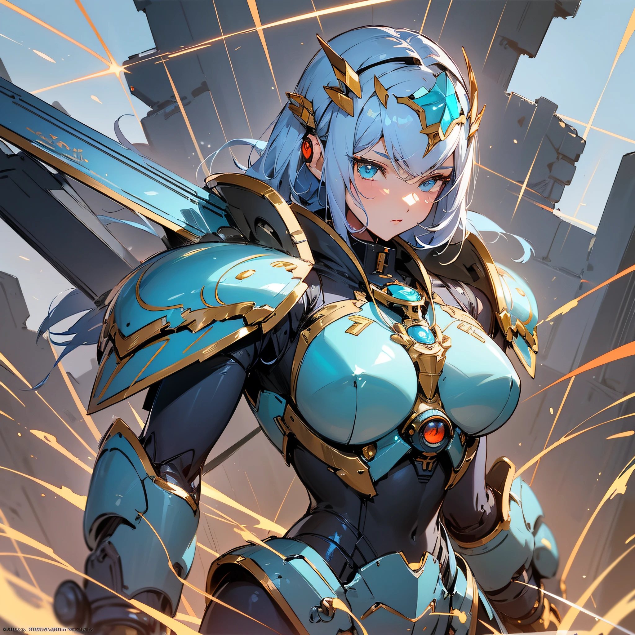 a close up of a drawing of a robot with a sword, cushart kenz, female mecha, anime robotic mixed with organic, beautiful robot character design, alien space knight, cushart krenz key art feminine, in opal armor, cool mecha style, clothed in ethereal battle armor, advanced digital anime art, knights of zodiac girl --auto --s2