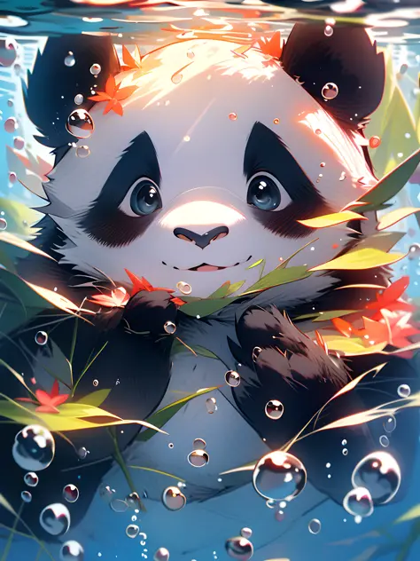 1 cute panda, face closeup, portrait, furry, leaves, no man, in the water, underwater, swimming, blisters, bubbles, more details...
