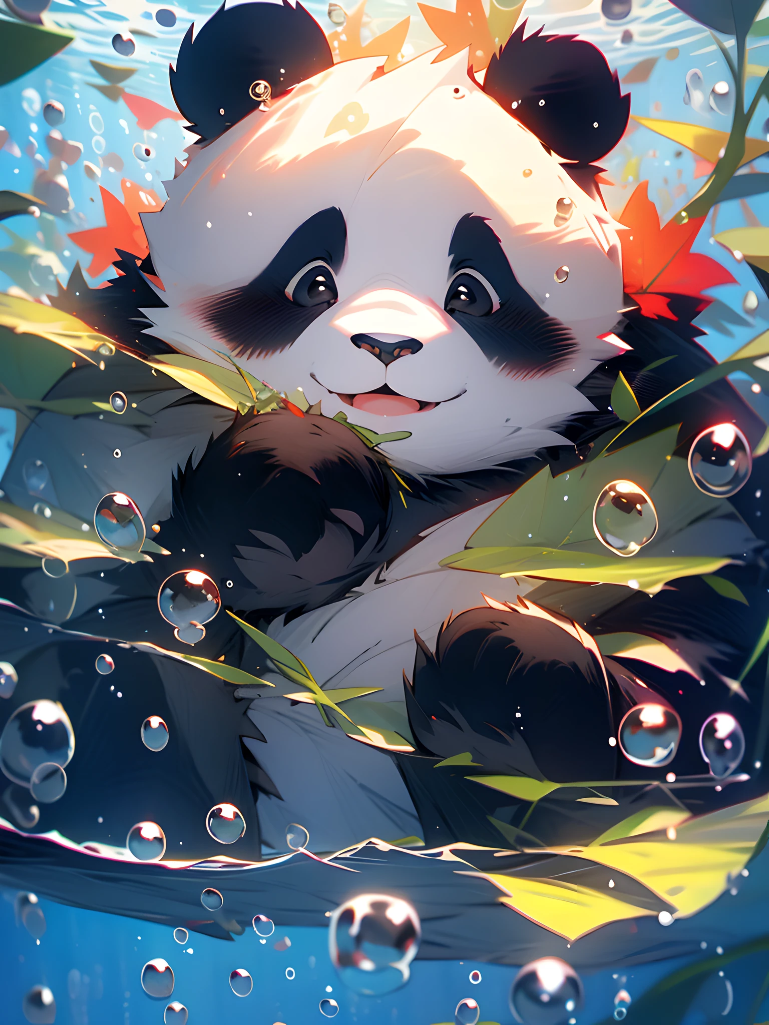 1隻可愛的熊貓, 臉部特寫, 肖像, 毛茸茸的, 樹葉, 無人, 水下, 水泡, 氣泡, 更多細節, 色彩豐富, 可愛的笑容, 最好的品質, 8K, 高飽和度