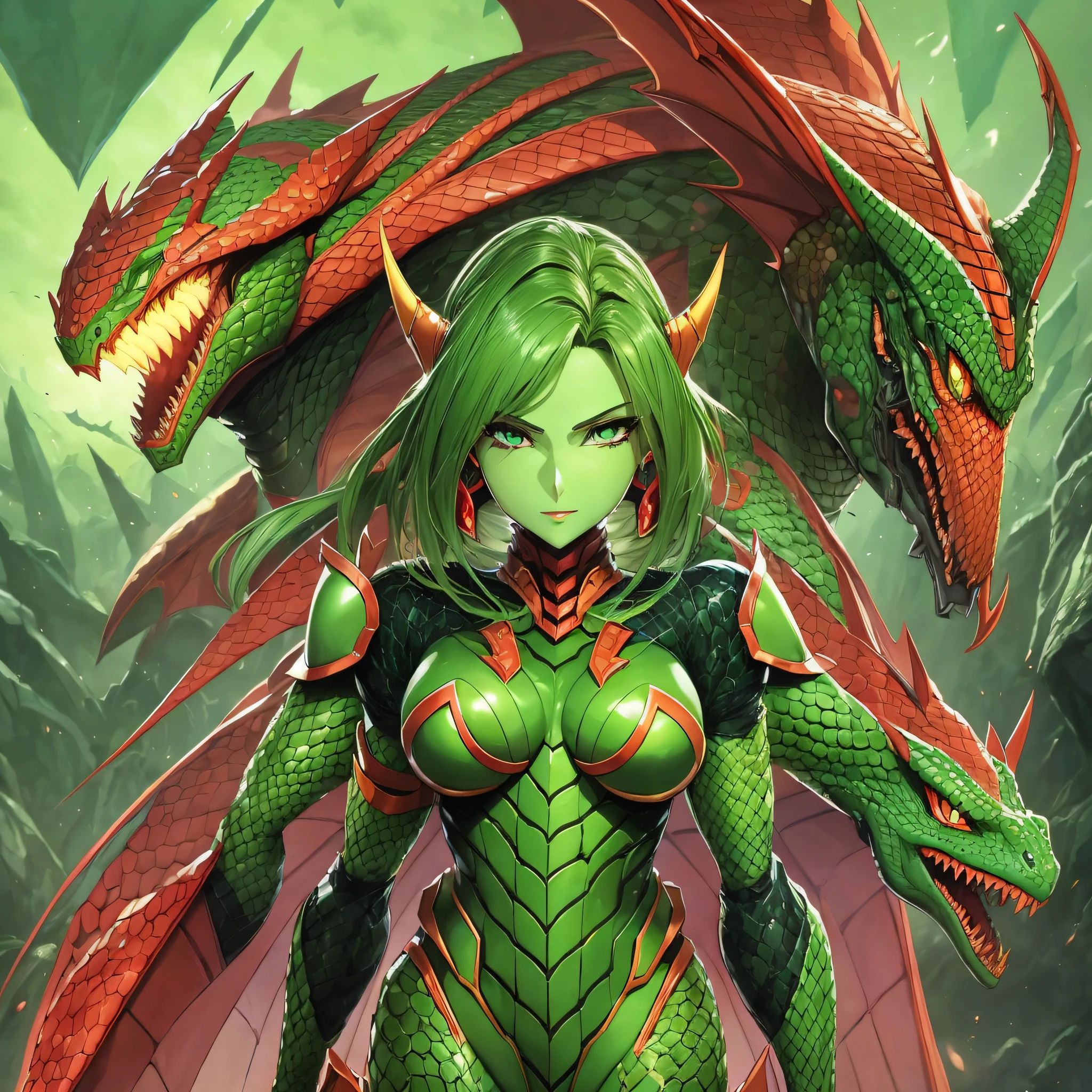 a cartoon picture of a woman with a green and red costume, hot reptile humanoid woman, snake woman hybrid, lamia, guyver style, sfw version, scarab reploid, sleek mecha female dragon head, robot mecha female dragon head, naga, dragon vore art, cell shaded adult animation, alien queen, serpentine pose, glamorous angewoman digimon --auto --s2