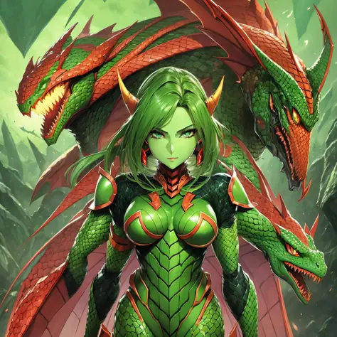 a cartoon picture of a woman with a green and red costume, hot reptile humanoid woman, snake woman hybrid, lamia, guyver style, ...