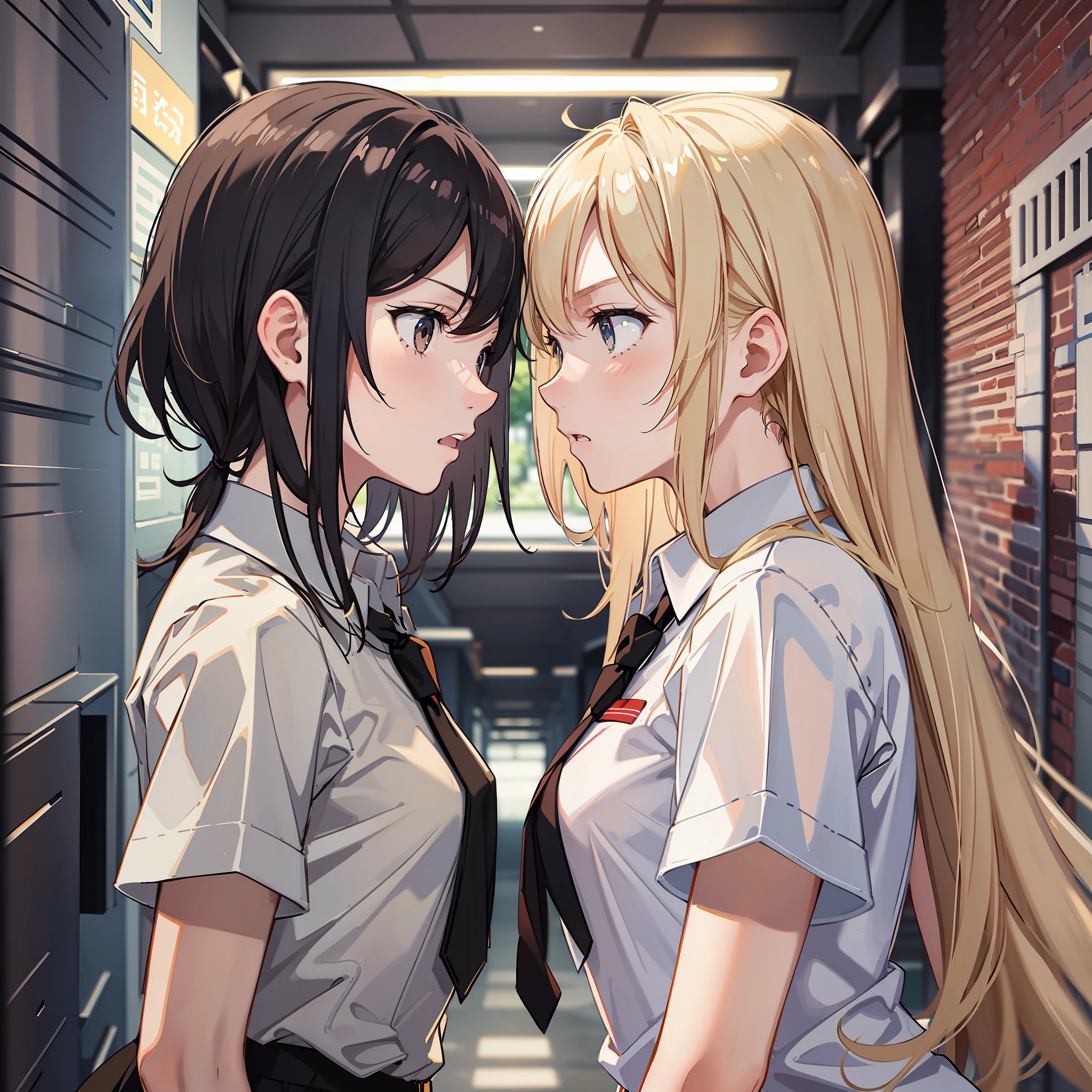 Blonde haired girl and black-haired woman, short-sleeved , arguing, looking at each other, angry