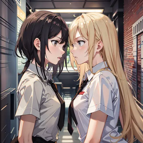 Blonde haired girl and black-haired woman, short-sleeved school uniform, arguing, looking at each other, angry