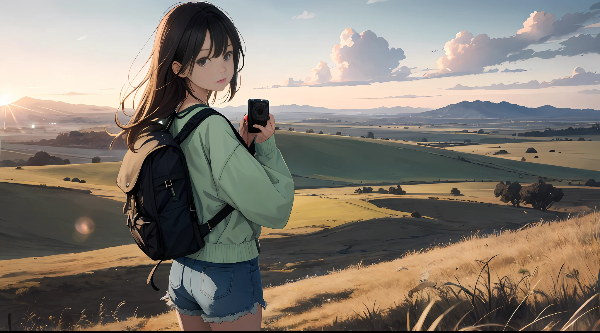 Vast sky, beautiful skyline, wide grasslands, very tense and dramatic pictures, moving visual effects, hanging high Polaris, colorful natural glare. Girl with camera, girl in long-sleeved top, denim shorts and side backpack depicting girl looking beyond small in the center