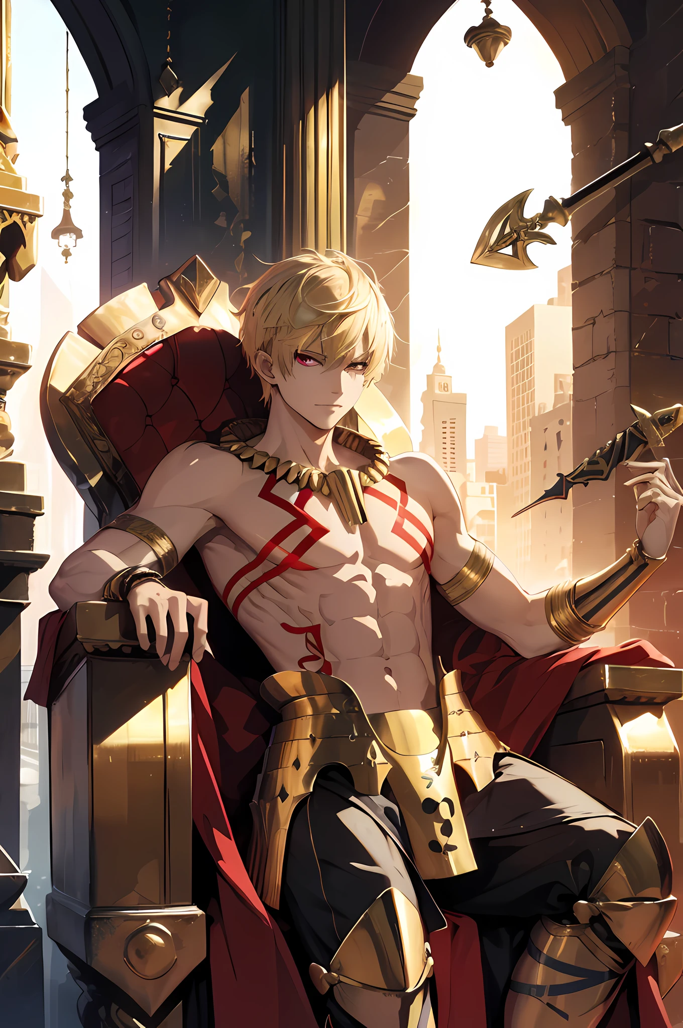 (absurdres, highres, ultra detailed, HDR), masterpiece, best quality, Gilgamesh, 1man, solo, handsome, short hair, blonde hair, vibrant red eye, finely eye and detailed face, topless, gold armor, tattoo, weapon, sitting on throne, smirk, ruined city, from side, look at viewer