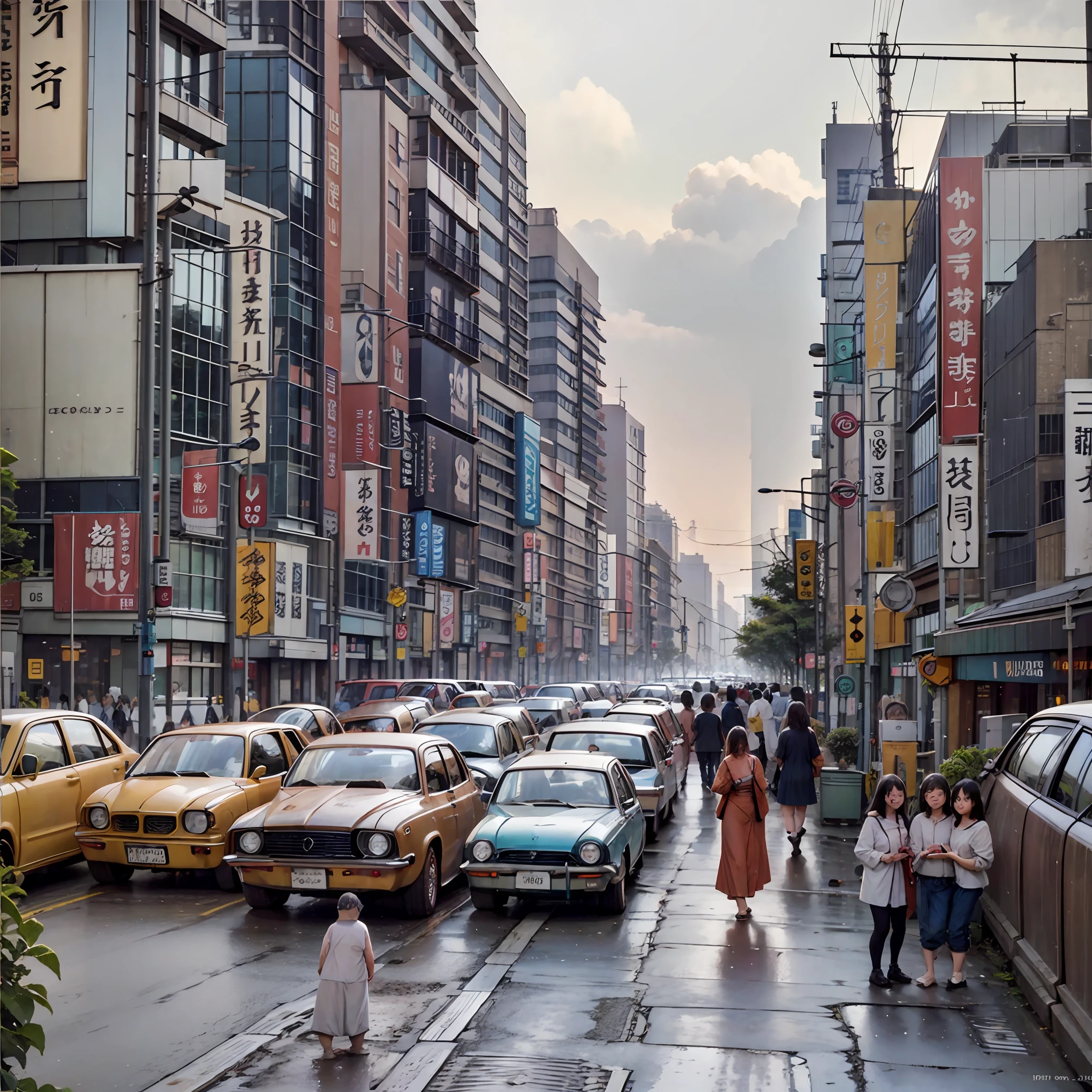 Cidade futurista vista dos anos 1970, Foto de Tóquio, pessoas em 1970, impressão na década de 1970, nostálgico, vintage, foto colorida, foto realista, Alta qualidade de imagem, nublado, sujo, ferrugem, expressão ultra-realista, --auto --s2