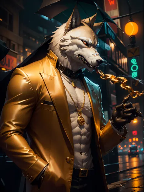 ((realistic)), ((detailed)), illustration, scene perspective (urban setting), character appearance (wolf-headed and humanoid body wearing a sleek overcoat, gold chains, and rings while smoking a cigar amidst a rainy night with an imposing air), background ...