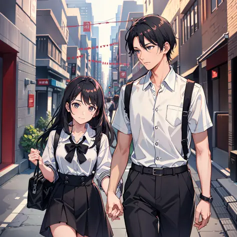 Black-haired woman and black-haired man walking together, short-sleeved school uniform, sweet