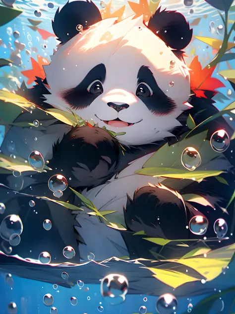 1 cute panda, face closeup, portrait, furry, leaves, no man, underwater, blisters, bubbles, more details, rich colors, cute smil...