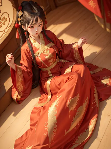 a girl wearing a (long red chinese traditional hanfu with golden patterns,(long red silk dress:1.2)),beautiful hanfu,pleats,loos...