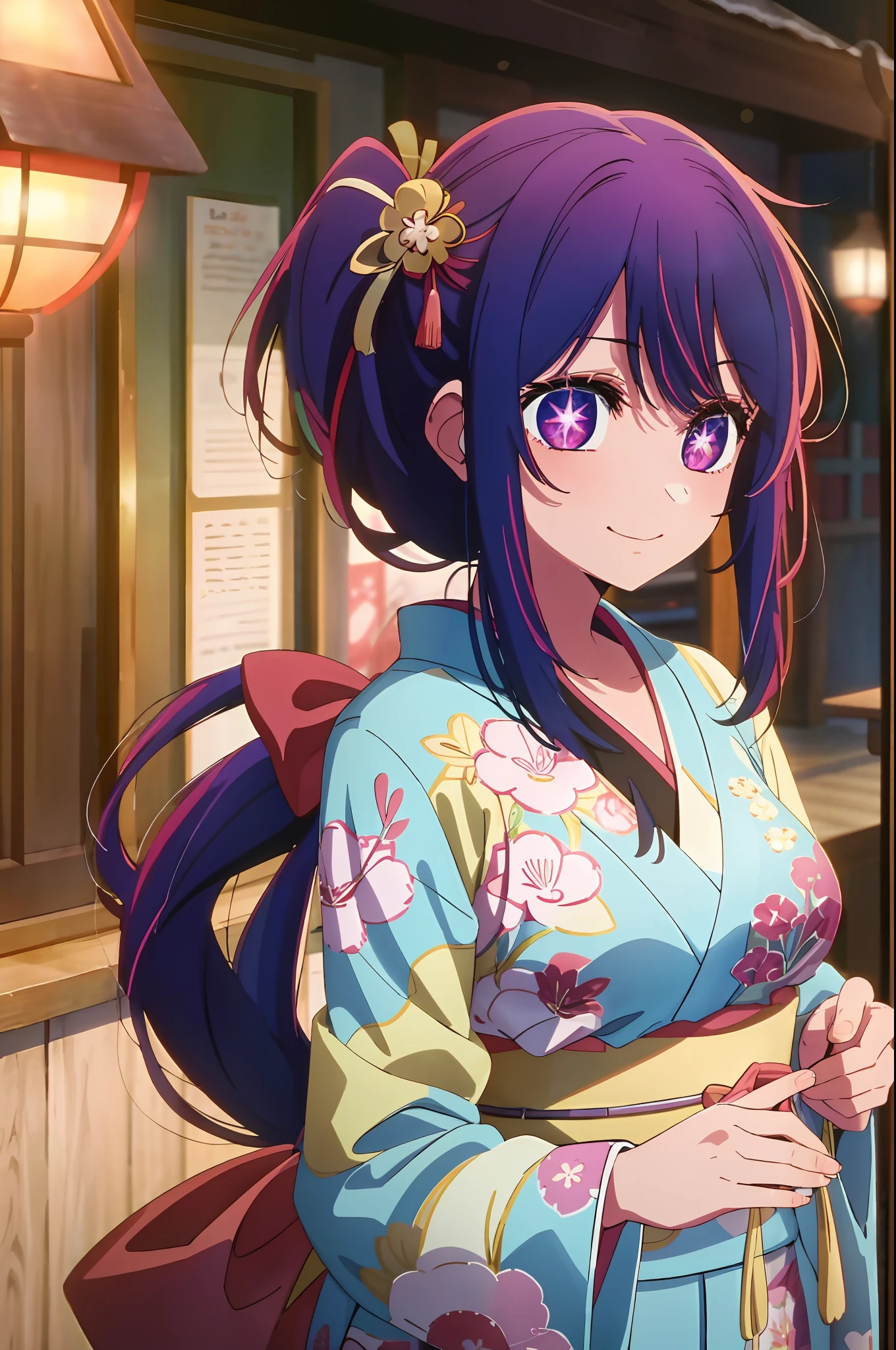 meilleure qualité, chef-d&#39;œuvre, 2D, chef-d&#39;œuvre, meilleure qualité, Anime, très détaillé, tir de cow-boy, 1fille, seulement, regarder le spectateur, sourire, frange, Pupilles en forme de symbole étoile, pupilles en forme de coeur, poitrine moyenne, cheveux violets, yeux violets,purple Pupilles en forme de symbole étoile, pupilles en forme de coeur,heureux new year card with a girl in a kimono, heureux!!!, Anime cover, saisons!! : 🌸 ☀ 🍂 ❄, 2 0 2 2 Anime style, 2022 Anime style, bête, Anime visual of a cute girl, inspiré par Eizan Kikukawa, Haruno Sakura, Hanyamata, dans le style de l&#39;animation de Kyoto,fermer