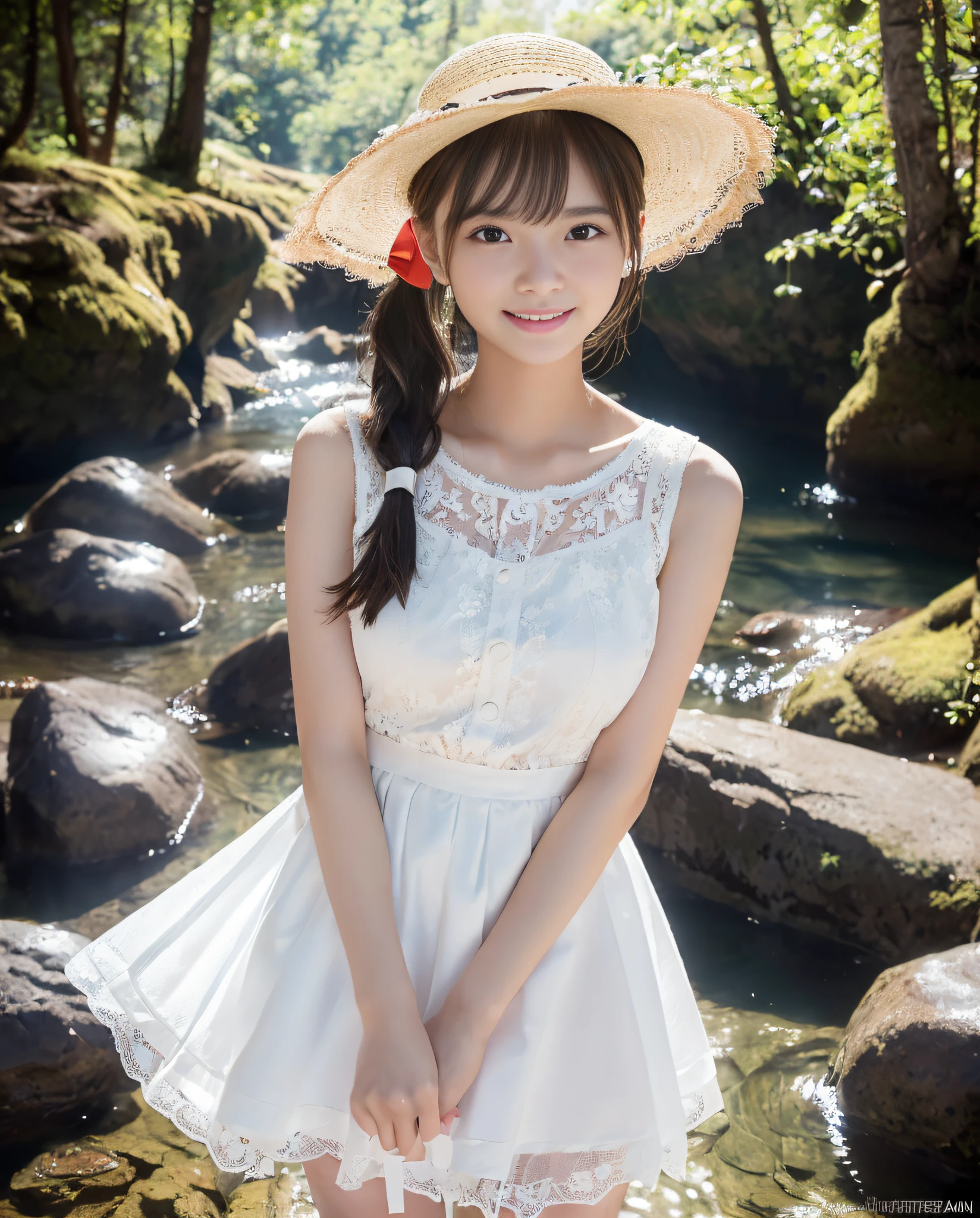 (((1 person))),((Composition looking up from below))),(Folded hands))((Photorealistic)))))), (((AKB 48)), (Full body photo))), (Lens flare)))),(Backlight)), ((In the woods))((Clear stream deep in the dark mountains)),((Rocks in the background)),((Straw hat with ribbon)),((Smiling)), ((NIKON Z))), ((((1)))),((Small bust))))), ((White skirt lace dress))))), (Pore feeling))))), (skin feeling)))), (((Photorealism: 6, realistic)))), (sideways and turning pose)),Perfect breast shape, bare buttocks, side ponytail, ribbon, hair ornament, pale skin, looking at the viewer, small waist