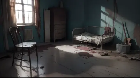 There is a ruined room with a bed with dirty sheets and a broken chair in it, ruined room, ruined city background, broken and di...