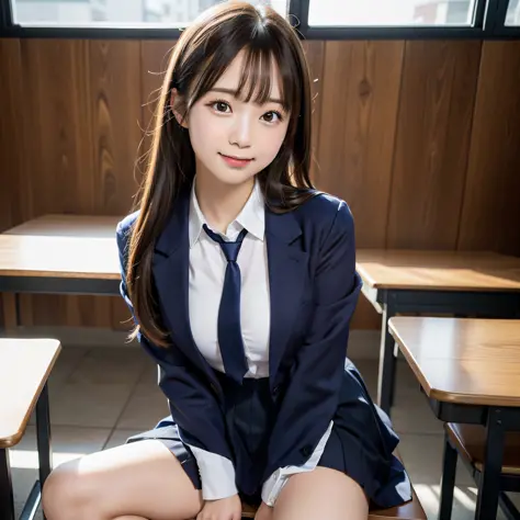 1 girl, best quality, facial focus, soft light, (depth of field), ultra high res, (photorealistic: 1.4), RAW photo, (upper knees: 1.4), (side) 1Japanese girl, solo, handsome, (shy, smile: 1.1), (brown eyes), detailed beautiful face, (long hair), High schoo...