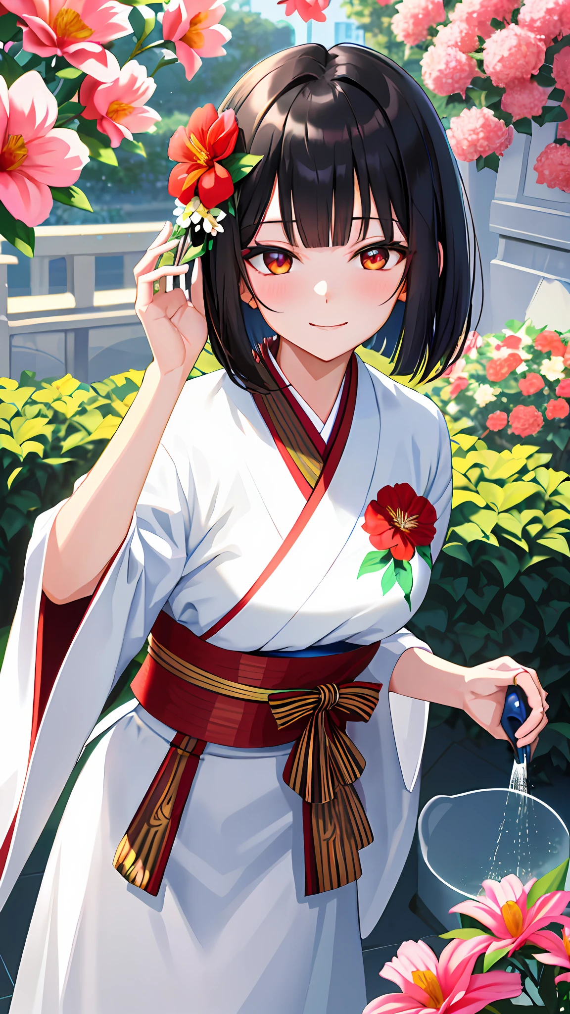 (highest quality), ultra high definition, high definition, ((masterpiece)), animation, 18 years old anime woman, white and beautiful skin, beauty, beautiful black hair, bob cut, red flower hair ornament, beautiful red color eyes, smiling kindly, white and gorgeous floral kimono, detailed florist, upper body, kpop idol, girl alone, big, cute face, watering flowers with a watering can, kind eyes,