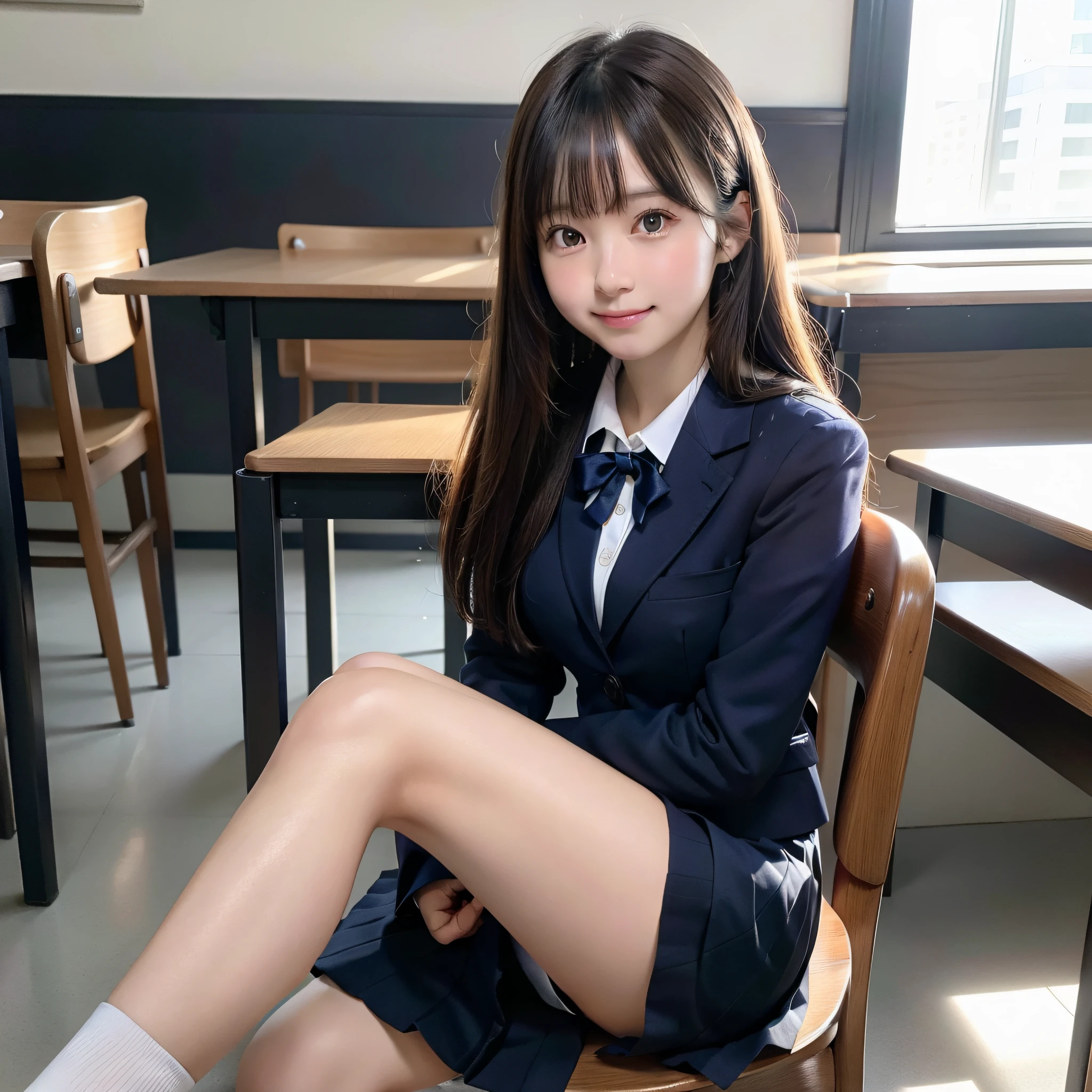 1 girl, best quality, facial focus, soft light, (depth of field), ultra high res, (photorealistic: 1.4), RAW photo, (upper knees: 1.4), (side) 1Japanese girl, solo, handsome, (shy, smile: 1.1), (brown eyes), detailed beautiful face, (long hair), High school classroom, (seated chair), (school uniform: 1.4, navy skirt, navy Blazer)