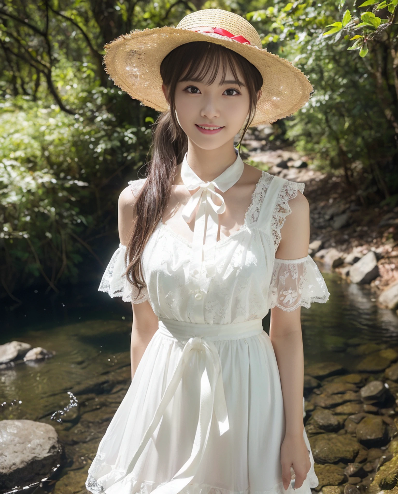 ((((1))),((Photorealistic))), ((AKB 48)), (Full body photo))), (Lens flare))),((Backlight)), (In the woods))((Clear stream deep in the dark mountains)),((Rock in the background)),((Straw hat with ribbon)),((Smiling)),((NIKON Z)),(1))),(Small bust)))), ((White skirt lace dress)))), (((Pore feeling)))), (skin feeling))), (((Photorealism: 6, Realistic))))), (sideways and turning around pose)),Perfect chest shape, bare buttocks, side ponytail, ribbon, hair ornament, pale skin, looking at the viewer, small waist