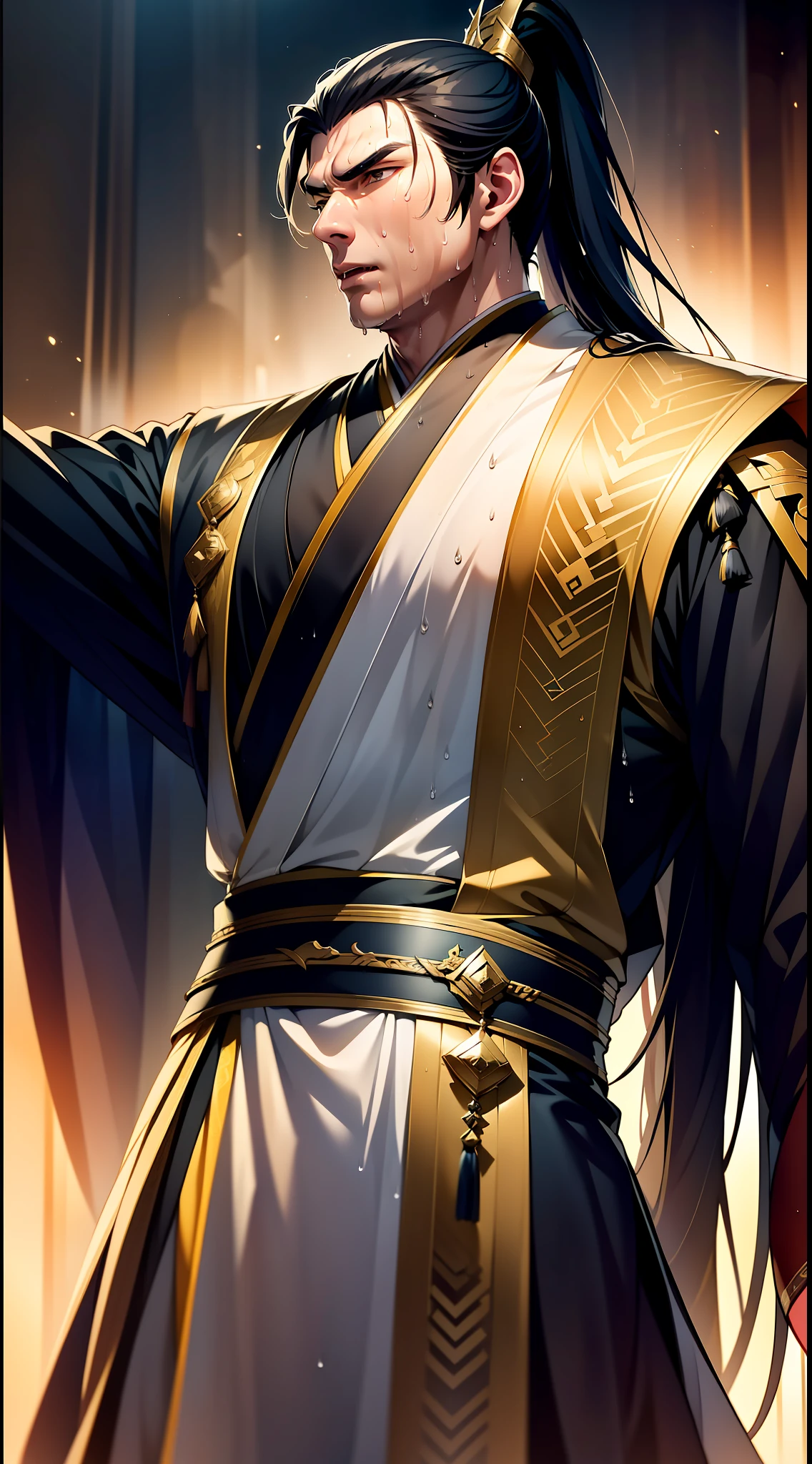 Two-dimensional, anime style, man (male warrior), muscle, correct proportions, face details, martial arts, high ponytail hairstyle, sweating, sweaty face, drooling, neck details, with Adam's apple, wet, wet, Hanfu costume, long robe, embroidered robe, dragon robe, clothing details, collar, long sleeves, game quality, swordsman demeanor, light and shadow tracing, ray tracing, detail glow, CG rendering, hair details, long black hair, golden eyes, sweaty face, handsome, handsome, sweat beads slipping down the neck, (juvenile feeling), complex clothing, wet, wet, perfect composition, refinement, high quality, more details, a lot of details, complex background, atmosphere,