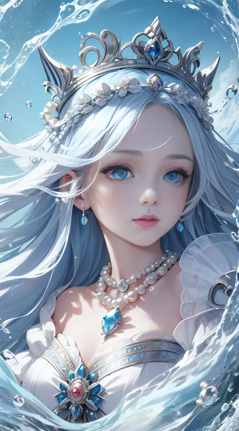 Maiden, super delicate face, stunning face, a person, bust, long sea blue hair, blue eyes, white dress, puff sleeves, necklace, ...