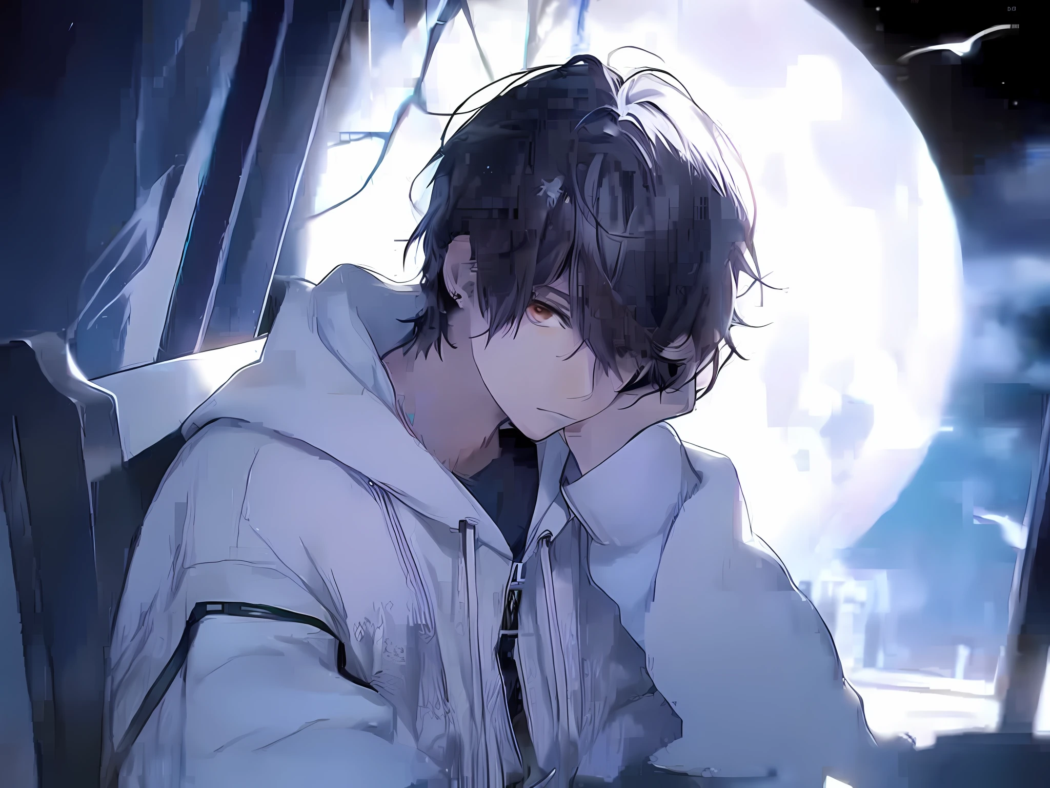 menino anime sitting on a bench in front of a full moon, bela pose de anime, Homem bonito de anime, menino anime, jovem anime homem, Estilo de anime masculino, cara de anime alto com olhos azuis, personagem de anime masculino, estilo de arte de anime de alta qualidade, Guweiz, inspirado em Okumura Togyu, lua atrás dele, nightcore, cara bonito na arte do matador de demônios