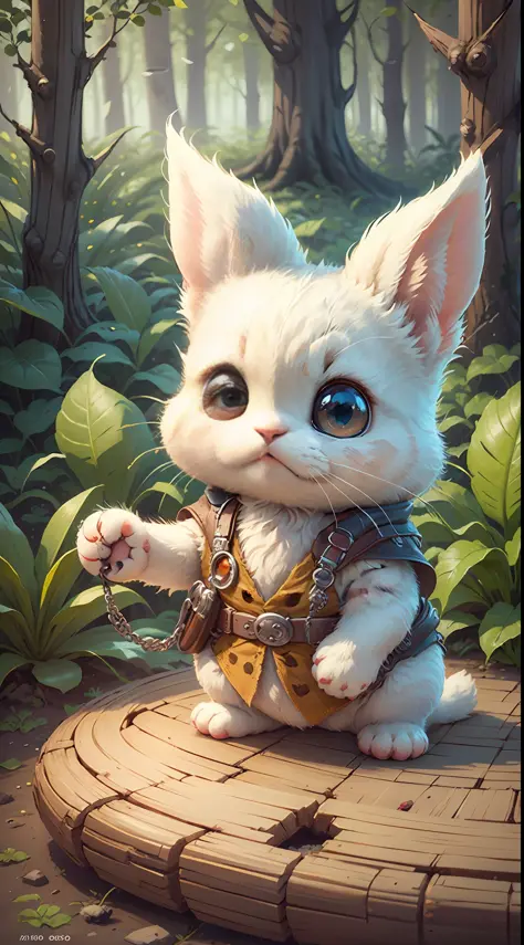 There is a little white cat sitting on a log with a camera, one eye to take pictures, cute digital art, cute digital painting, cute detailed digital art, cute 3 D rendering, cute cartoon characters, cute anthropomorphic rabbit, cute cartoon, cute detailed ...