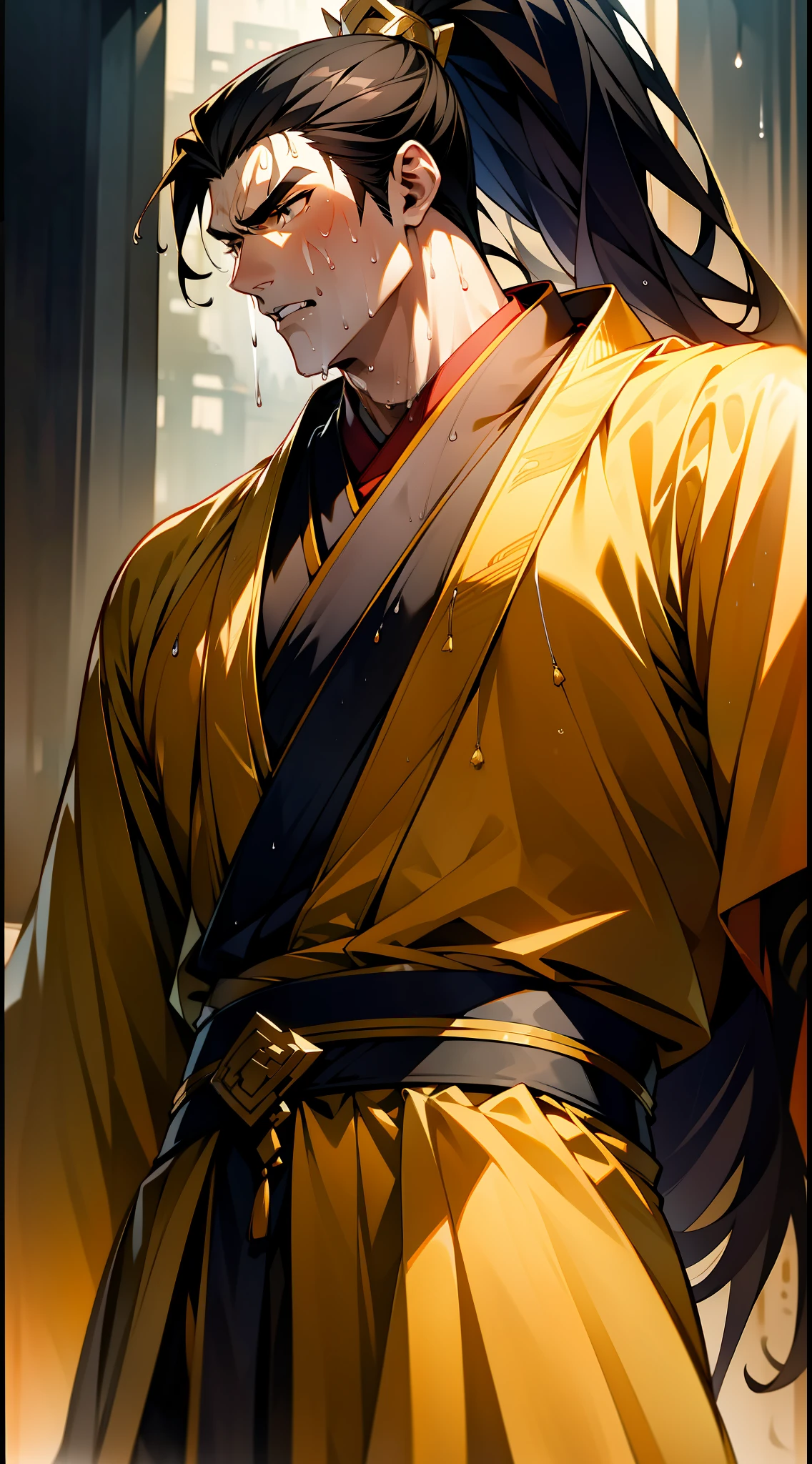 Two-dimensional, anime style, man (male warrior), muscle, correct proportions, face details, martial arts, high ponytail hairstyle, sweating, sweaty face, drooling, neck details, with Adam's apple, wet, wet, Hanfu costume, long robe, embroidered robe, dragon robe, clothing details, collar, long sleeves, game quality, swordsman demeanor, light and shadow tracing, ray tracing, detail glow, CG rendering, hair details, long black hair, golden eyes, sweaty face, handsome, handsome, sweat beads slipping down the neck, (juvenile feeling), complex clothing, wet, wet, perfect composition, refinement, high quality, more details, a lot of details, complex background, atmosphere,