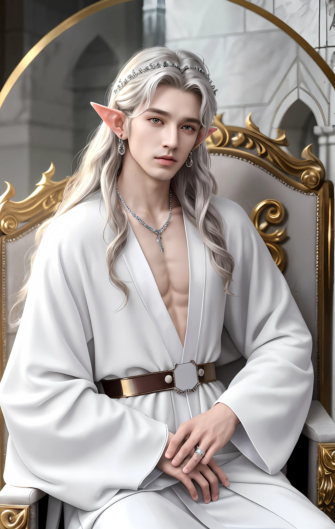 8k resolution, ultra-fine details, fine picture, masterpiece, high quality, 1 men's solo, necklace, realistic, (high detail skin: 1.2), elf king, full body photo, silver long hair, elf ears, stud earrings, elf mage robe, handsome face, cold expression, highly fine luxury white robe sitting on the throne