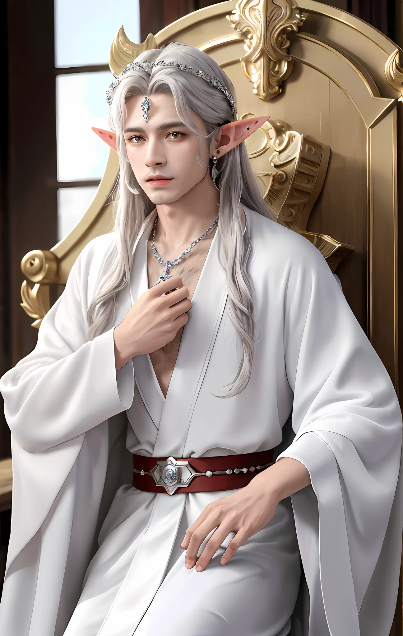 8k resolution, ultra-fine details, fine picture, masterpiece, high quality, 1 men's solo, necklace, realistic, (high detail skin: 1.2), elf king, full body photo, silver long hair, elf ears, stud earrings, elf mage robe, handsome face, cold expression, highly fine luxury white robe sitting on the throne