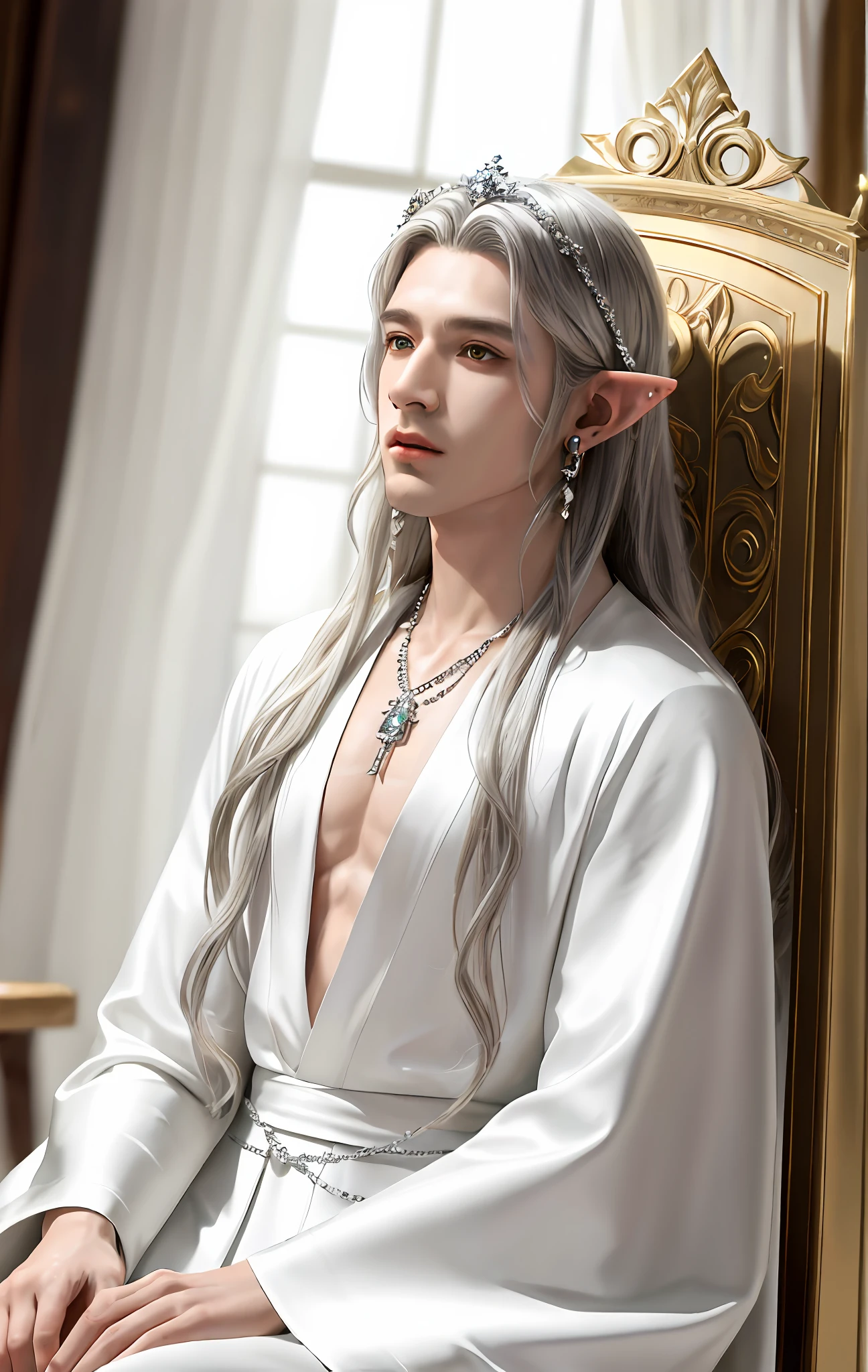 8k resolution, ultra-fine details, fine picture, masterpiece, high quality, 1 men's solo, necklace, realistic, (high detail skin: 1.2), elf king, full body photo, silver long hair, elf ears, stud earrings, elf mage robe, handsome face, cold expression, highly fine luxury white robe sitting on the throne