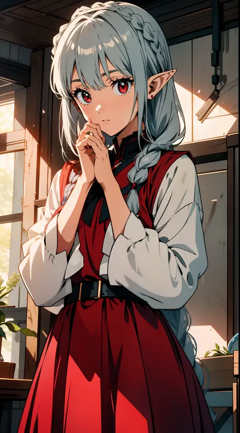 Close up portrait of one girl, elf, silver hair, red eyes, braid, putting her hands on her face, amazed, concept art, beautiful ...