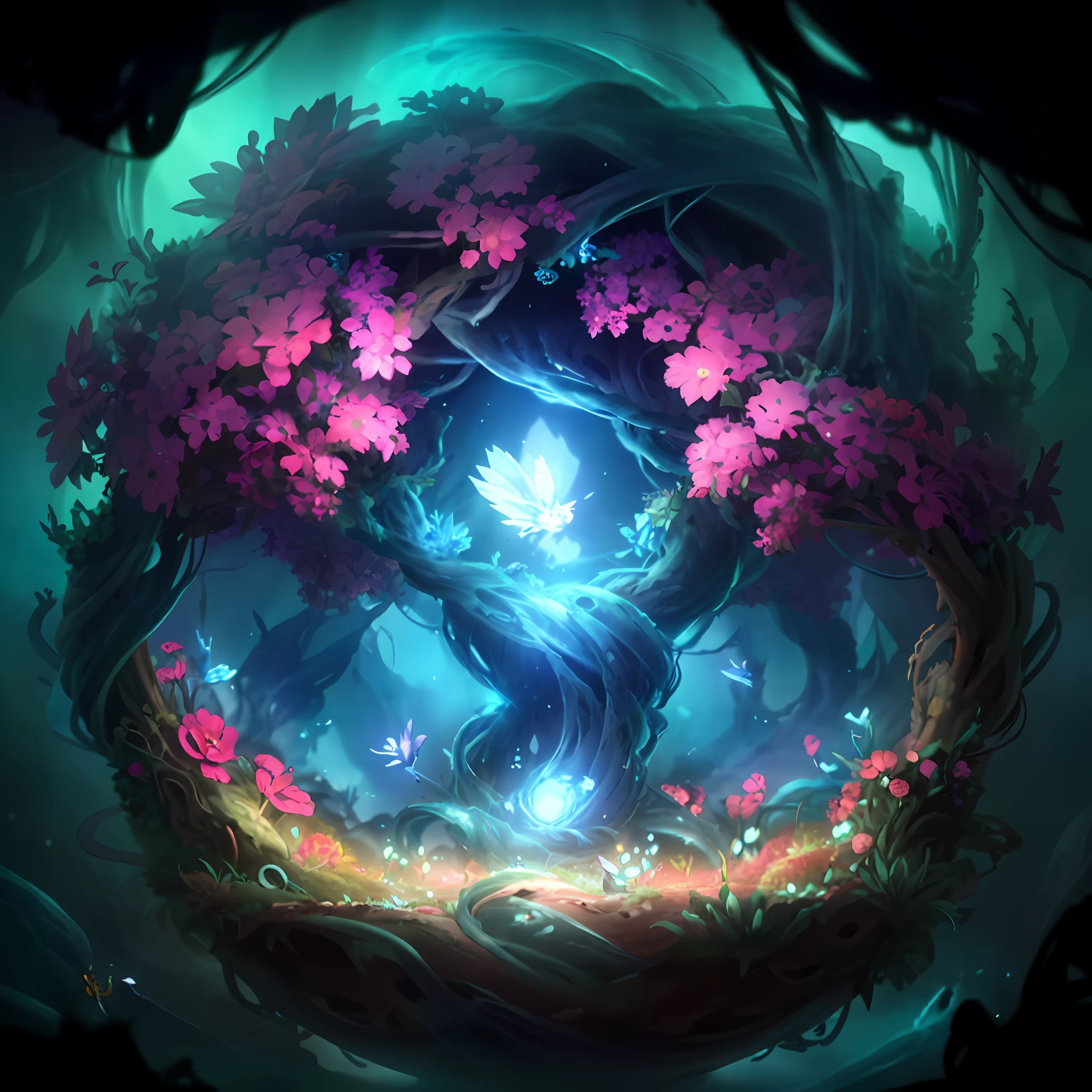 there is a picture of a butterfly and a flower arrangement, anton fadeev 8 k, in a nest, all enclosed in a circle, gate, inspired by Robert Edmonstone, dynamic folds, broken forests, inspired by Michael James Smith, connected to nature via vines, worm hole, cgsociety - n 5, art-gem, artfact