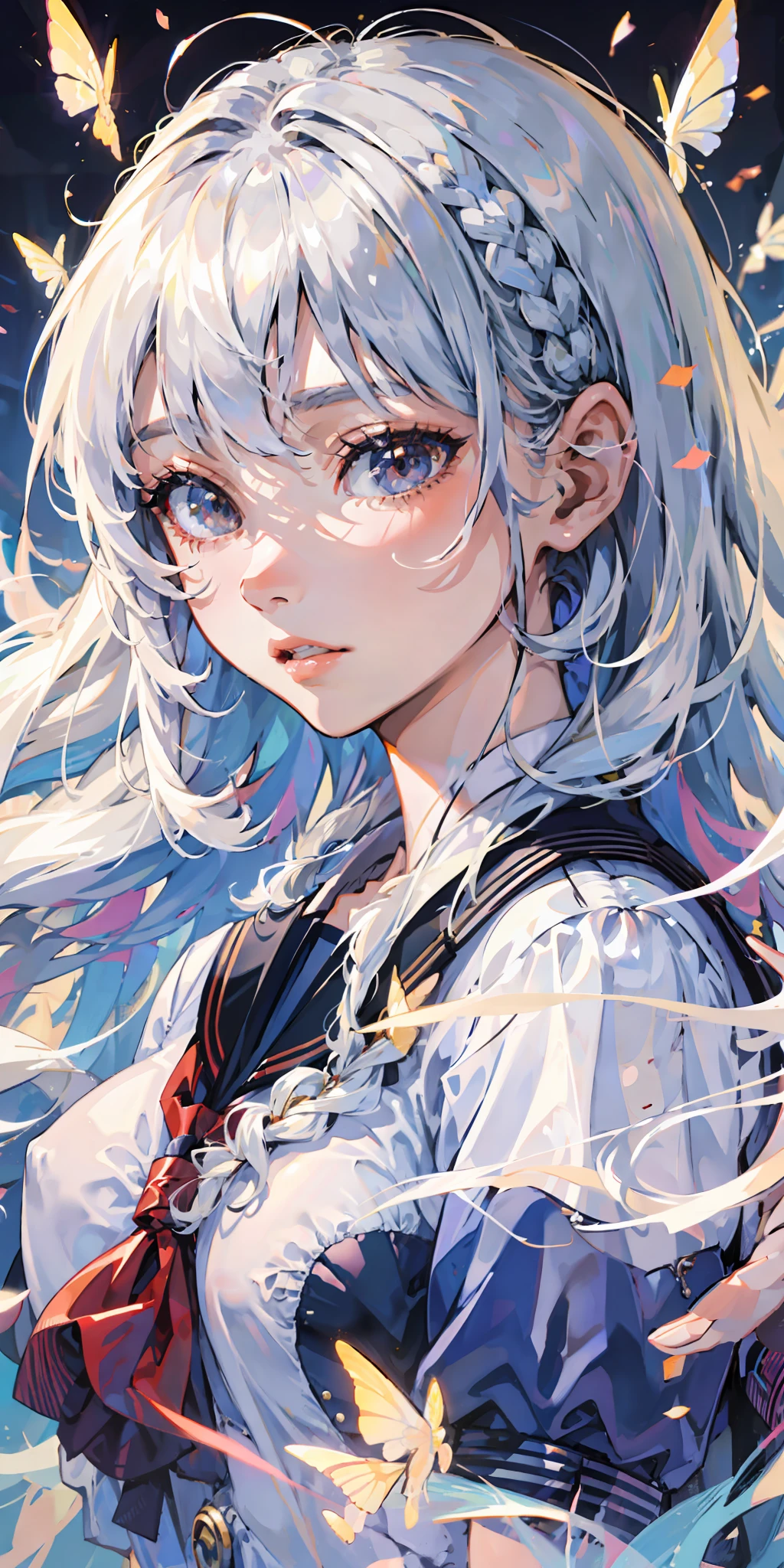 (masterpiece), (best quality), (ultra detailed),(disheveled hair),(illustration), (1girl), (wearing korean school uniform ), standing, Fashion model, looking at viewer, (interview), (korean school background ),beautiful detailed eyes, delicate beautiful face, Floating,(high saturation),(colorful splashes),colorful bubble,(shining), focus on face,  hair braids , kamisato ayaka, light white hair, bangs, hair ring, floating butterflies , floating hairs, (shining), best lighting, best shadow,