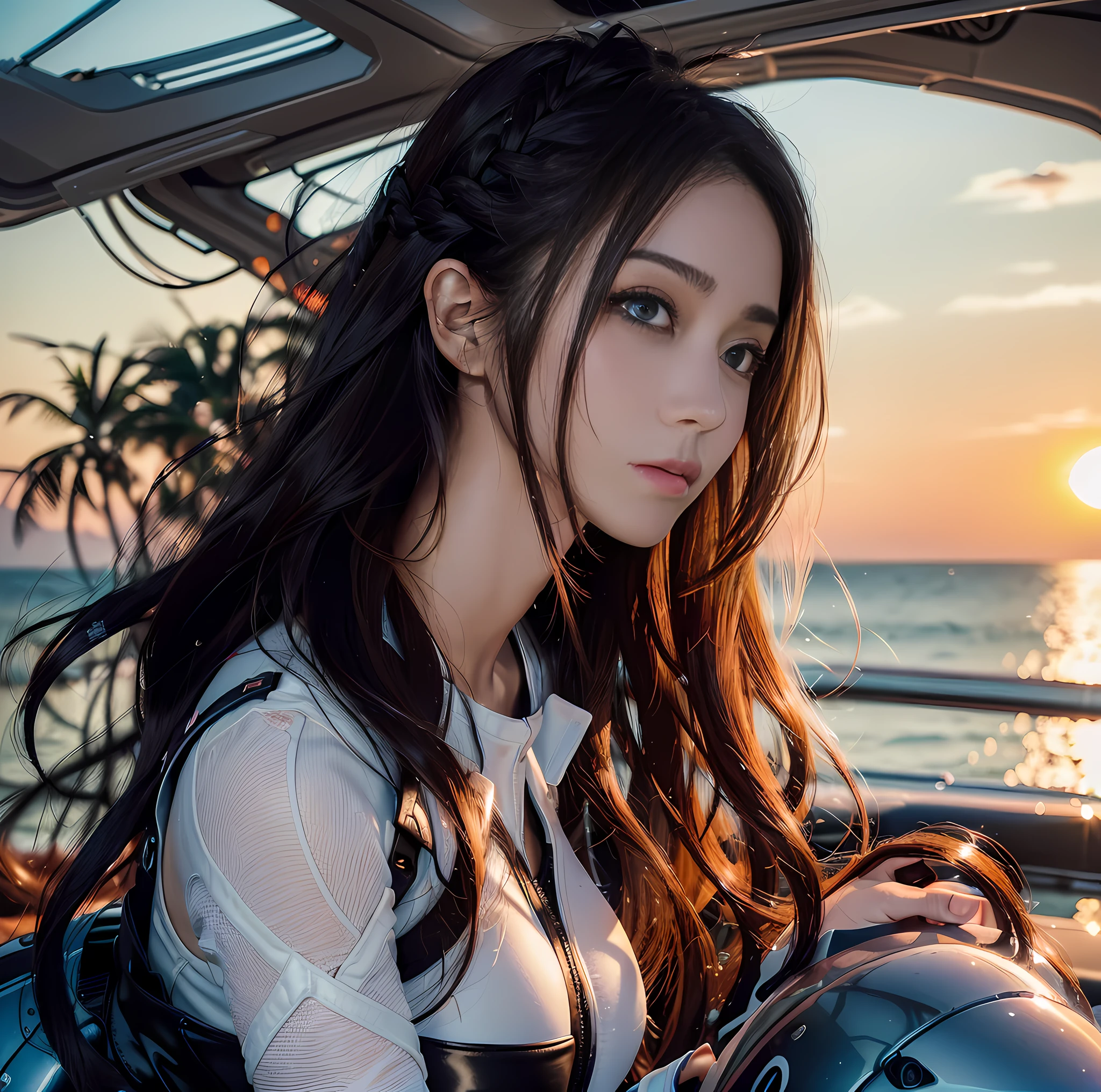 (top quality, masterpiece), 1girl, intricate details, (shading realistic lighting), huge file size, high resolution, elegant, realistic, (perfect anatomical depiction of the human body), teenage girl is stopping her motorcycle on the beach at dark sunset and looking somewhere, serious expression, the girl has whitening skin blue eyes and partially braided long hair is a brunette Japan, japanese, (the girl has very big), (the girl has super big), (the girl has a thin waist), (the girl has thin thighs), (the girl has a baby face), ((the girl wears a white bodysuit with smooth thin fabric)). (The girl's bodysuit has very cramped breasts), (The girl's white bodysuit has crimson lines on the outside of her limbs), (The girl wears a white bodysuit, red-white boots and gloves so she can't see any skin except her face), (The girl's bodysuit crushes her large breasts and spreads to the side), (Beautiful big blue eyes), (Thin and clear double eyelid lines in the eyes), ( Tear bags with glossy, plump and bright tones under the eyes), (pale blue iris), (some highlights on the iris and pupil), (red representation of the conjunctiva), (long eyelashes that are well visible), (taut swimsuit with super big), (skin and hair glistening in the setting sun from behind), (hair fluttering heavily in the strong sea breeze and shimmering in the backlight of the setting sun). ((The girl is standing in front of the motorcycle and looking into the distance)) , ((Shot showing the whole body of the girl, the motorcycle, the sea and the sunset)), The motorcycle is a one-light naikit type, holding a black helmet in one hand, behind the sun that seems to be visible on the horizon is dyed crimson, the sky has a gradient to a dark purple that is so dark that it moves away from the crimson of the horizon, a very dark scene that is almost night, strong contrast between light and shadow, perfect hands, nice hands, mirage farina,