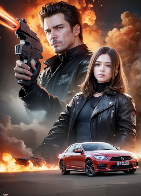 terminator movie poster, explosions, guns, cars, aviões